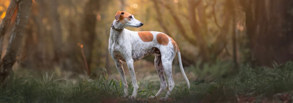 A lurcher dog standing in a forest.