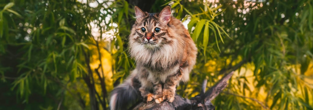 A siberian cat sitting in a tree surrounded by leaves.