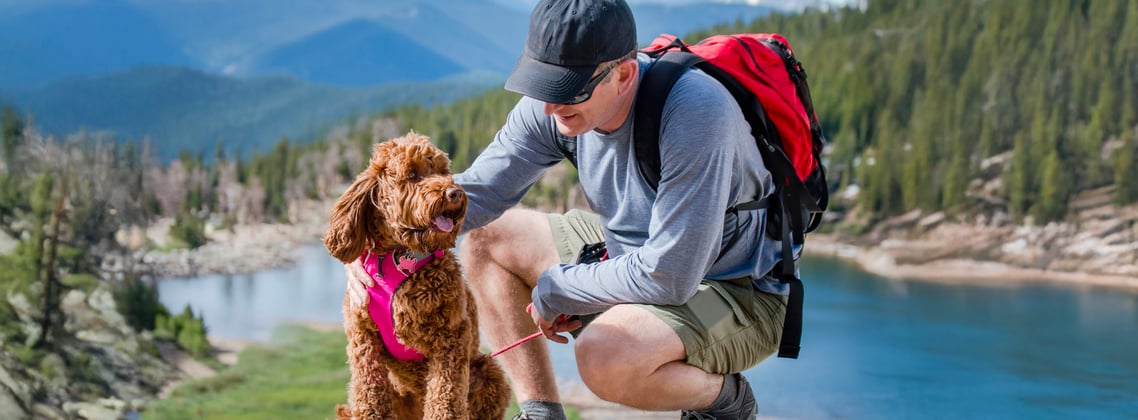 A man and his goldendoodle hiking near a lake.