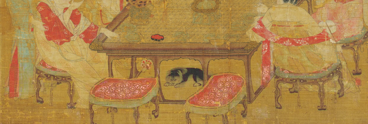 An ancient painting depicting a Chow Chow dog laying underneath a table