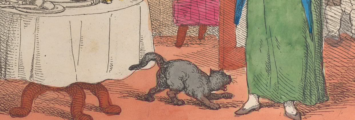 A historic painting of a british shorthair cat at the feet of a woman.