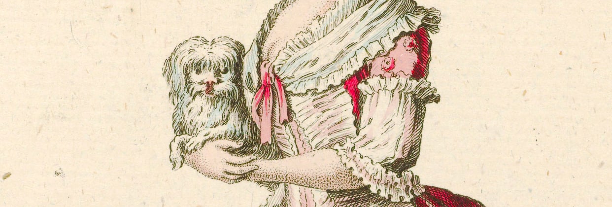 An old painting of a french lady holding a bichon frise.