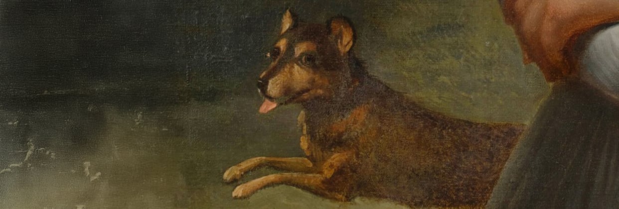 A historic painting of a border terrier.