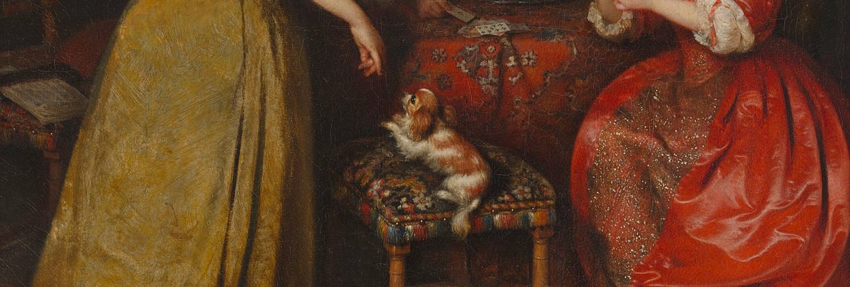 Historical painting of women in dresses with a Cavalier King Charles Spaniel on a stool in the middle