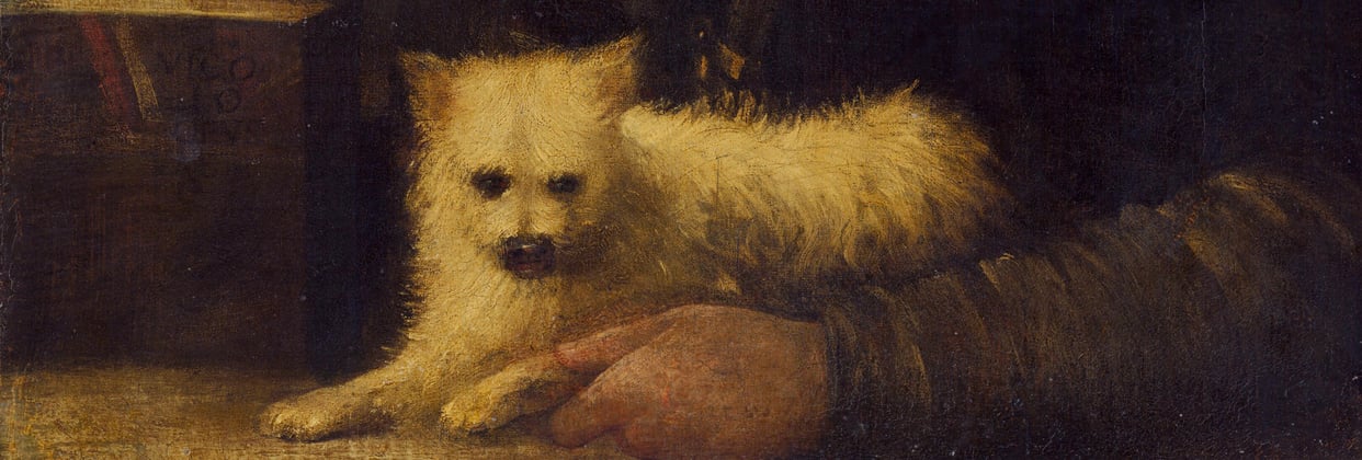 Historical painting of West Highland White Terrier sitting in between owners' arms