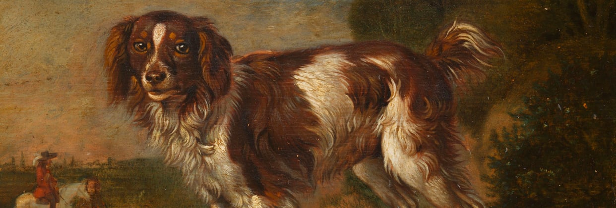 A historic painting of an English Springer Spaniel.