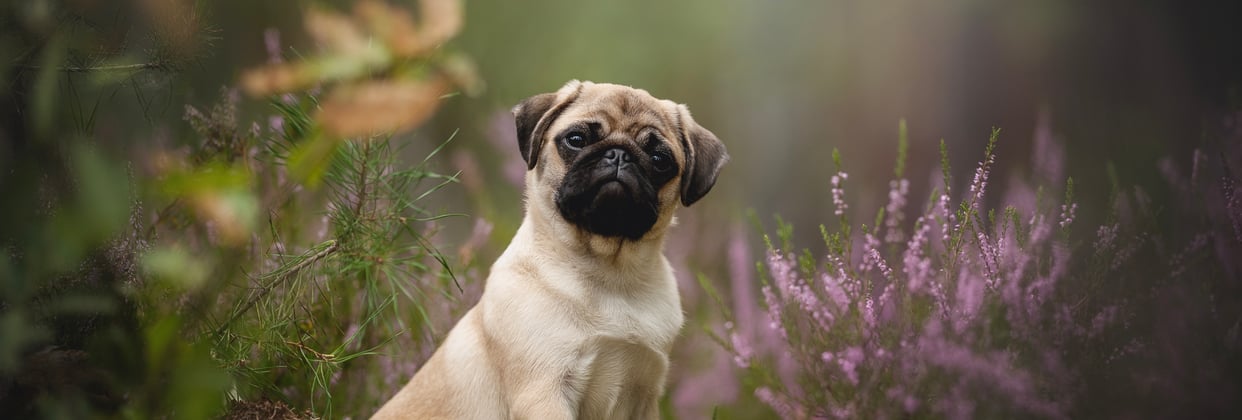 A pug sitting among some wild flowers looking curious.