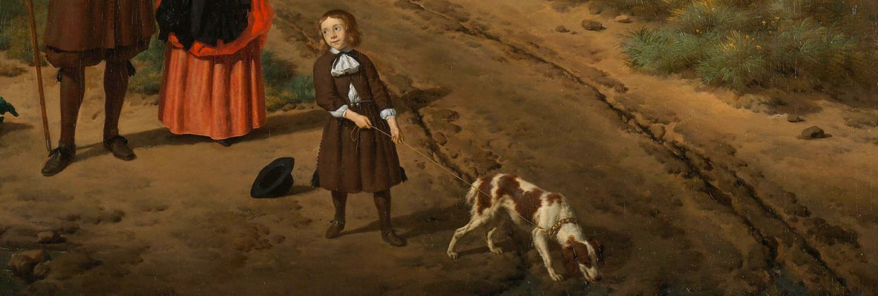 A painting of a child walking a Spaniel