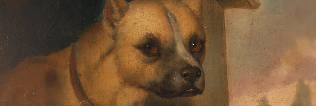 A historic painting of a staffordshire bull terrier.