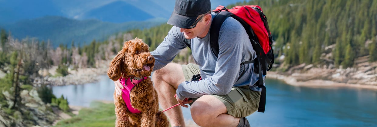 A man and his goldendoodle hiking near a lake.