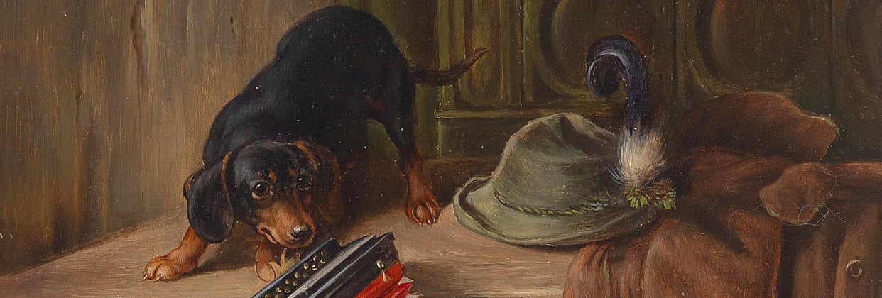 historical painting of a dachshund in a room with a feather hat