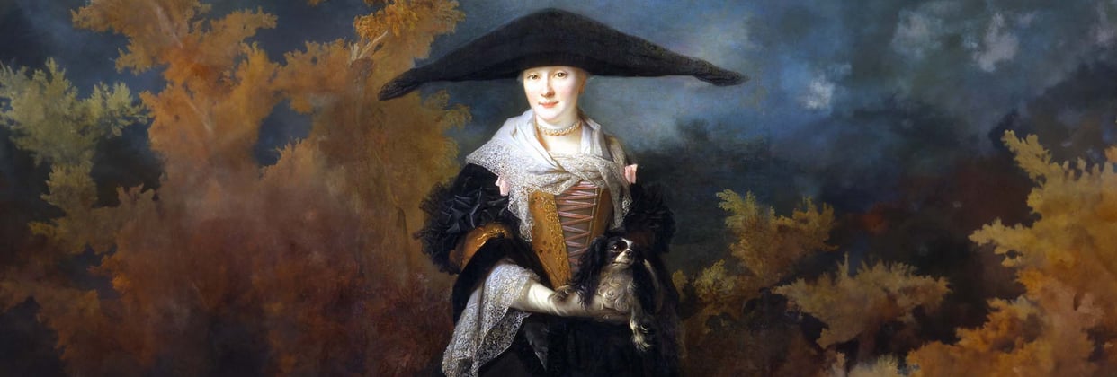Painting of a a lady from history wearing a large hat and holding a King Charles Cavalier dog