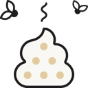 Illustration of a specked white / tan poop with two flies hovering