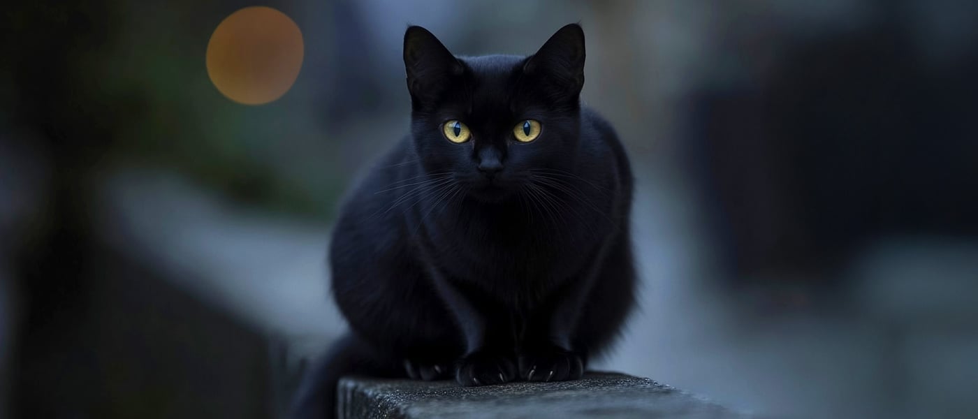 Black cat with yellow eyes sitting on a wall