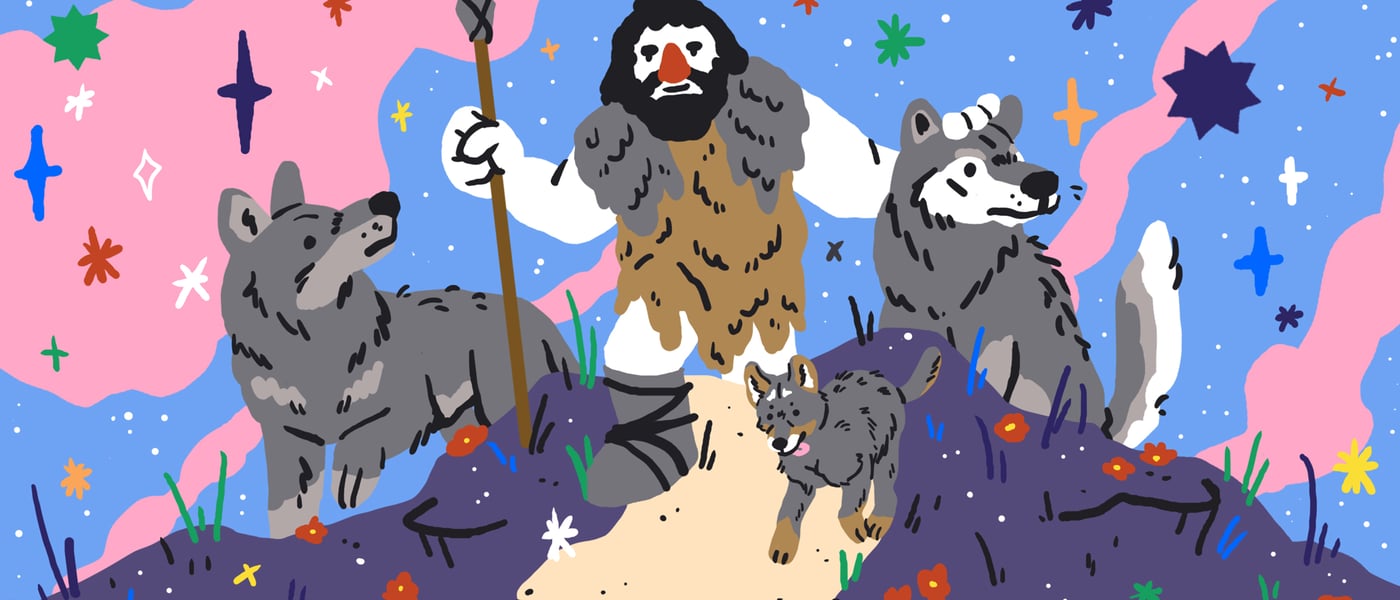 An illustration of a caveman with wolves.