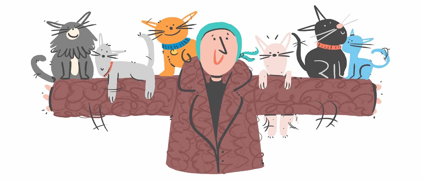 Illustration of woman with 6 cats on her arm