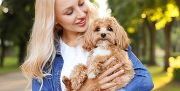 A blonde woman holding a Cavapoo.