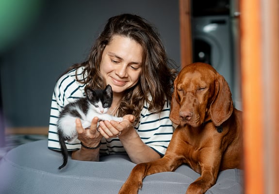 A woman sits on a floor cushion with a black-and-white kitten and a Vizsla dog.