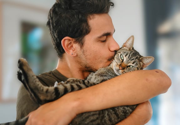 A man cuddling and kissing his tabby cat.