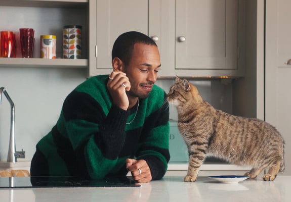 A man leaning on his kitchen counter and playing with his tabby cat.