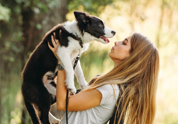 A woman holding her border collie up.