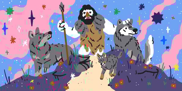 An illustration of a caveman with wolves.