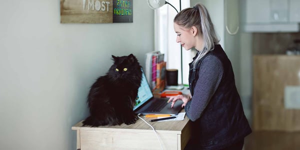 a woman and her black cat at a laptop