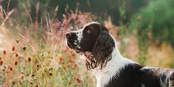 A white and brown springer sniffing flowers.
