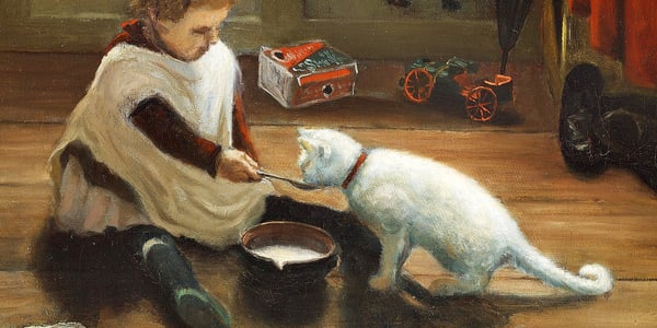 'A Small Girl Giving Milk to a Cat' by Adolph Larsen
