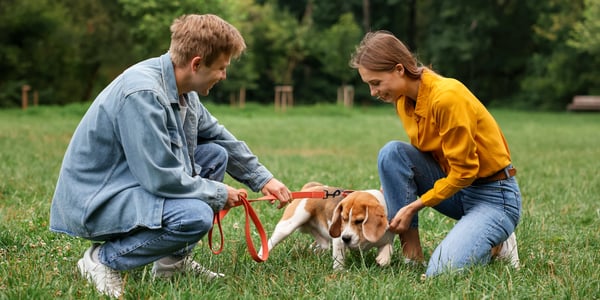 A man and a woman are training their beagle in a park.