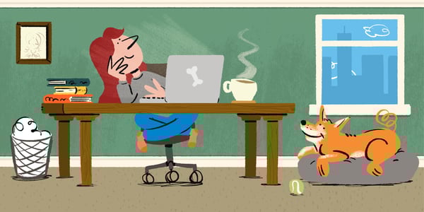 An illustration of a modern day woman at her desk with her dog beside her.
