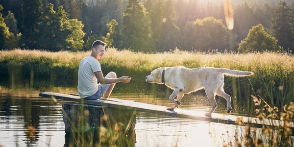 A man and his Labrador sitting by a lake.