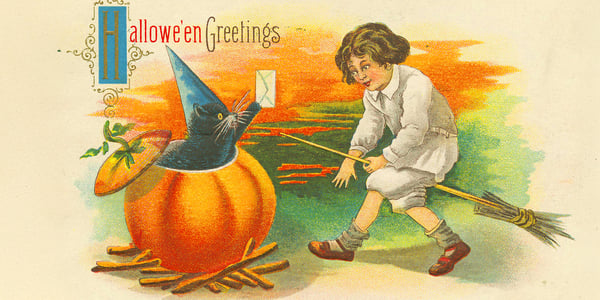 drawing of a black cat coming out of a pumpkin