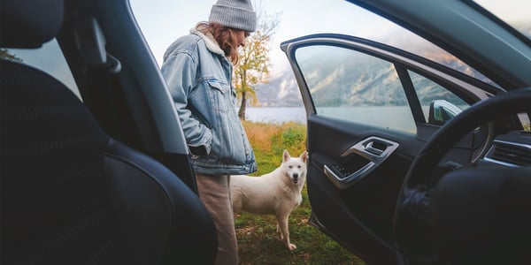 A woman and a dog stood outside of a car by a mountainous area.