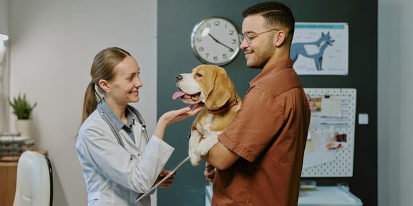 A beagle and his owner greeting a vet.