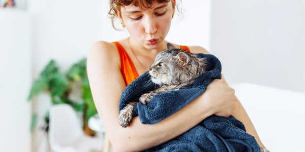 A woman holding a cat wrapped in a towel.