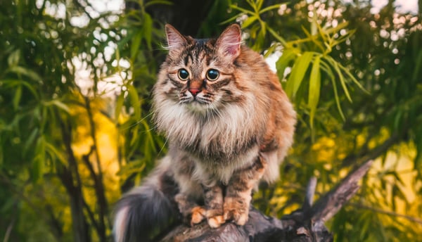 A siberian cat sitting in a tree surrounded by leaves.