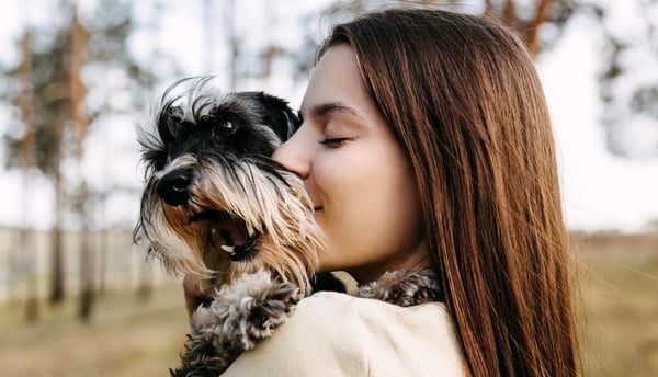 A woman hugging her miniature schnauzer.