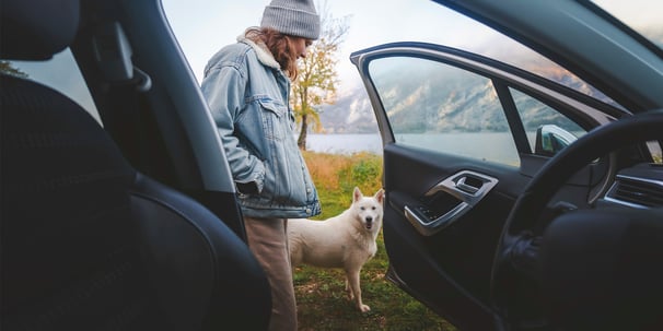 A woman and a dog stood outside of a car by a mountainous area.