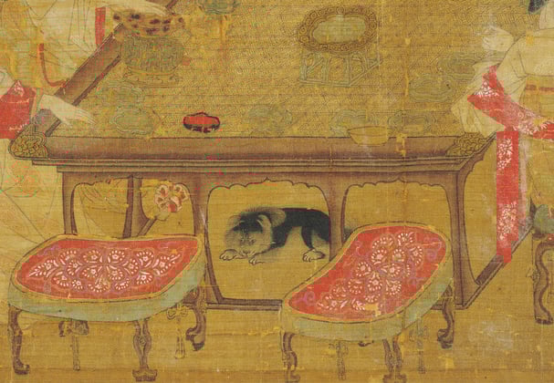 An ancient painting depicting a Chow Chow dog laying underneath a table