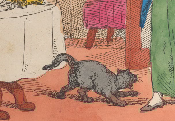 A historic painting of a british shorthair cat at the feet of a woman.