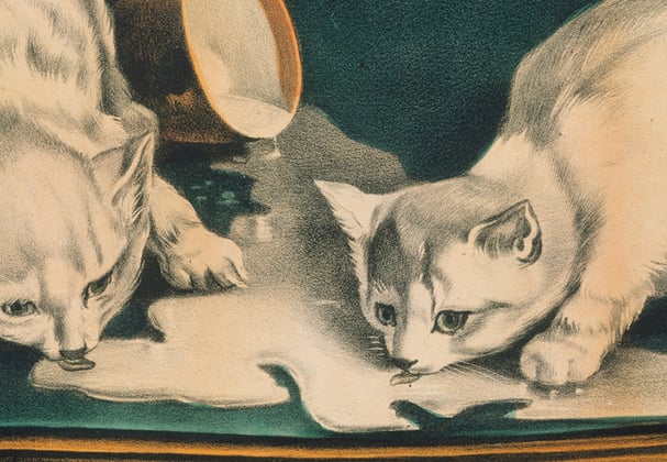 A painting of two kittens sipping milk from the floor.