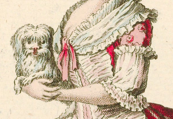 An old painting of a french lady holding a bichon frise.