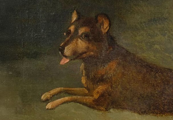 A historic painting of a border terrier.