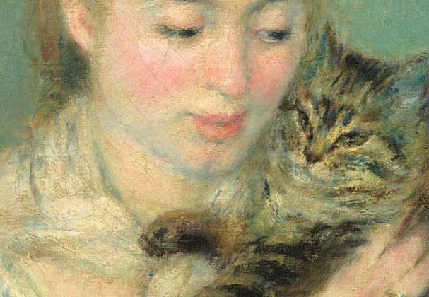 A historic painting of a tabby cat.
