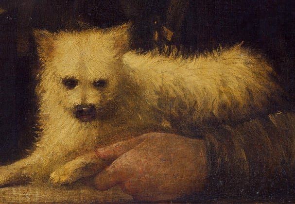 Historical painting of West Highland White Terrier sitting in between owners' arms