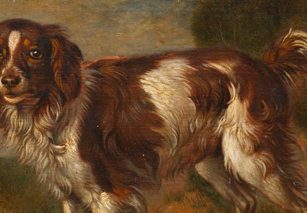 A historic painting of an English Springer Spaniel.
