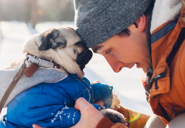 Pug wearing coat with head pressed to owner's forehead who is wearing a beanie and orange coat