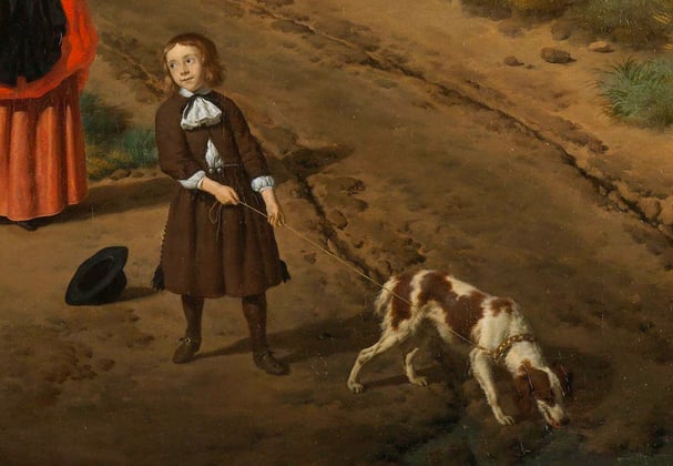 A painting of a child walking a Spaniel