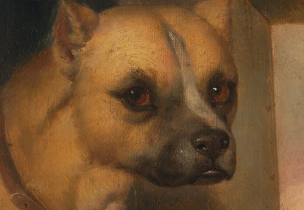 A historic painting of a staffordshire bull terrier.